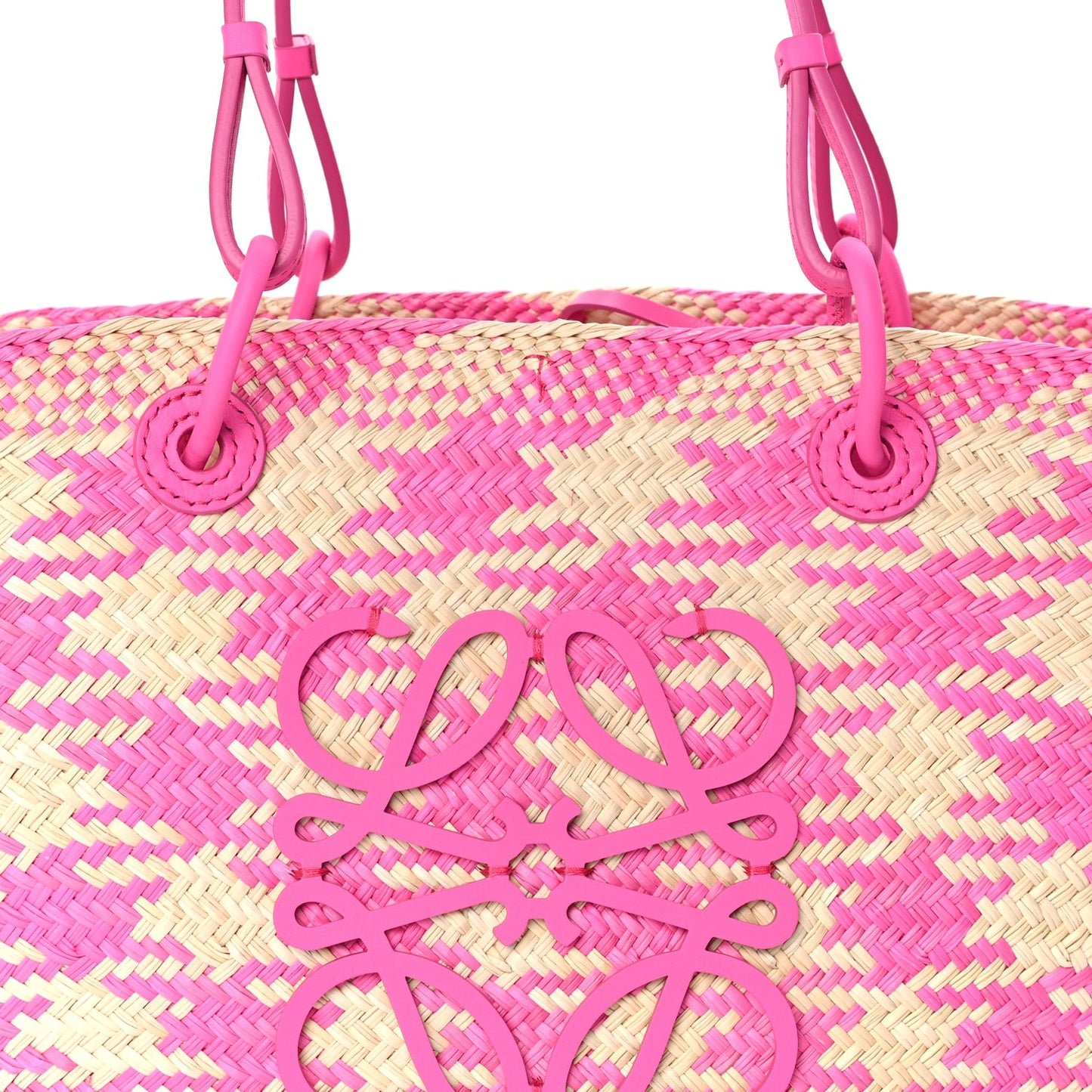 Iraca Palm Calfskin Paulas Ibiza Medium Anagram Basket Tote Bag Fuchsia