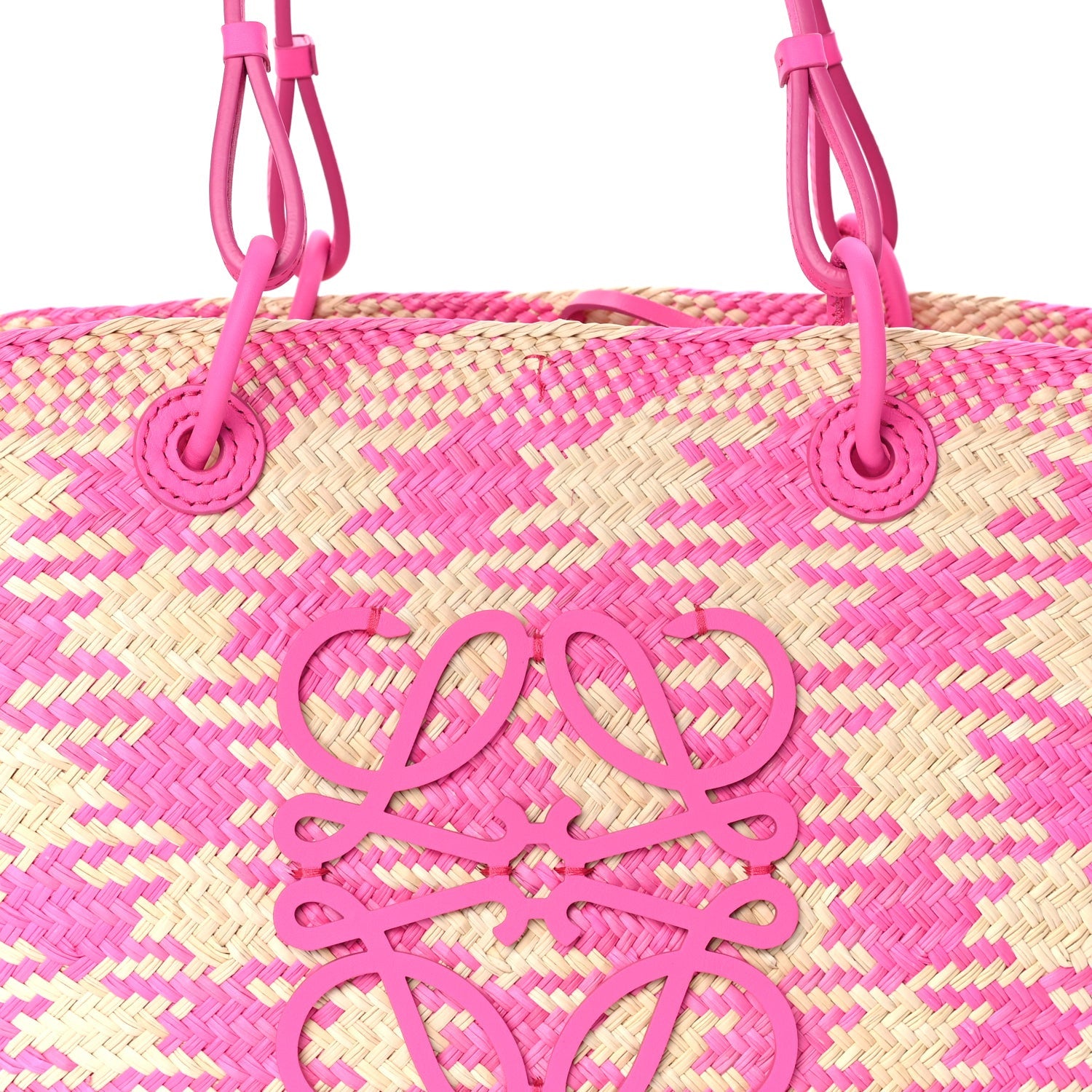 Loewe Iraca Palm Calfskin Paulas Ibiza Medium Anagram Basket Tote Bag Fuchsia 6 of 7