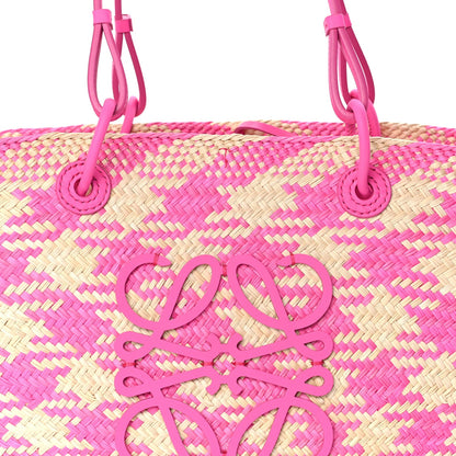 Loewe Iraca Palm Calfskin Paulas Ibiza Medium Anagram Basket Tote Bag Fuchsia 6 of 7