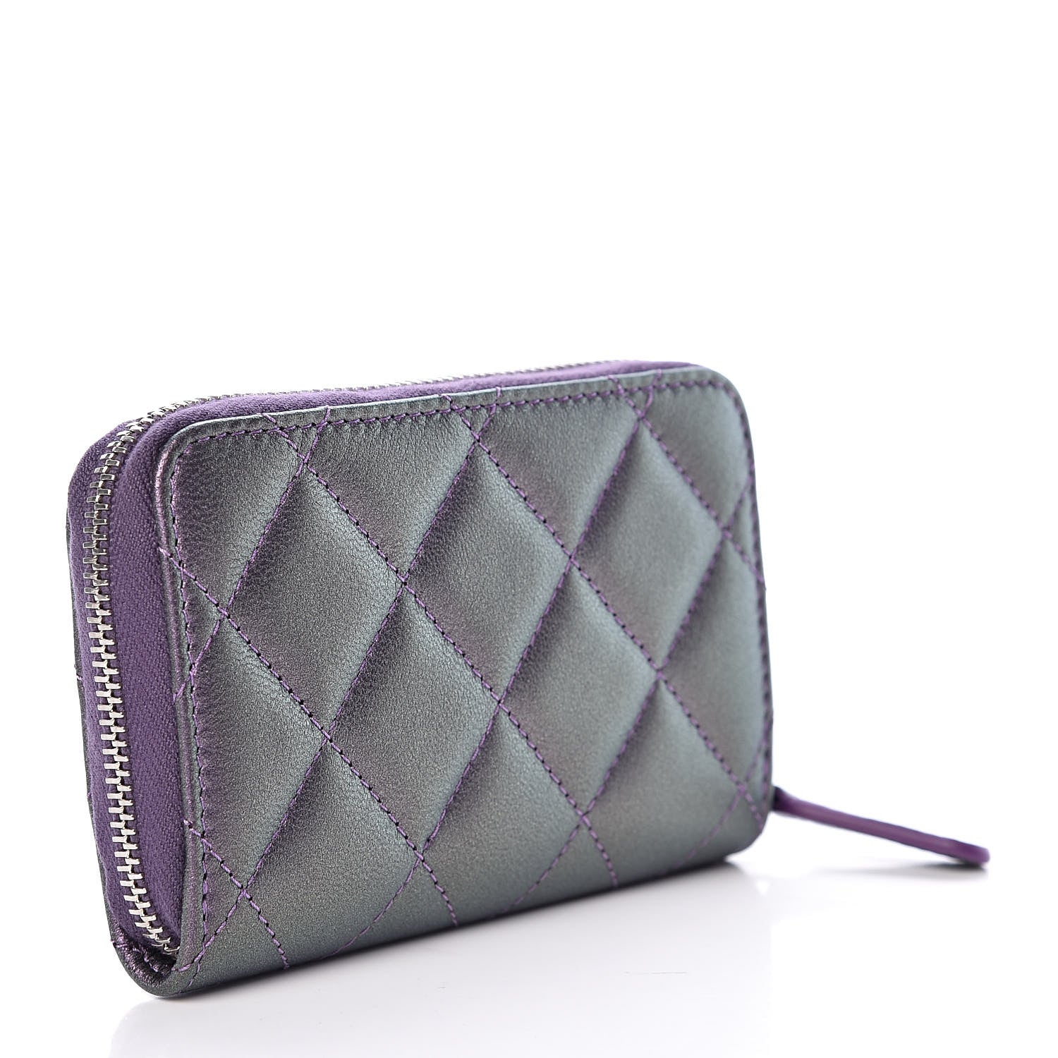Chanel Metallic Lambskin Quilted Zip Around Coin Purse Wallet Dark Purple 3 of 8