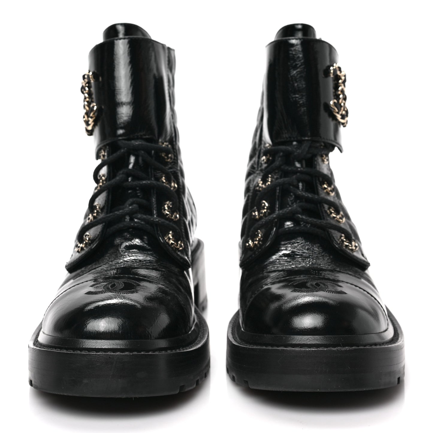 Shiny Calfskin Quilted Lace Up Combat Boots 40.5 Black