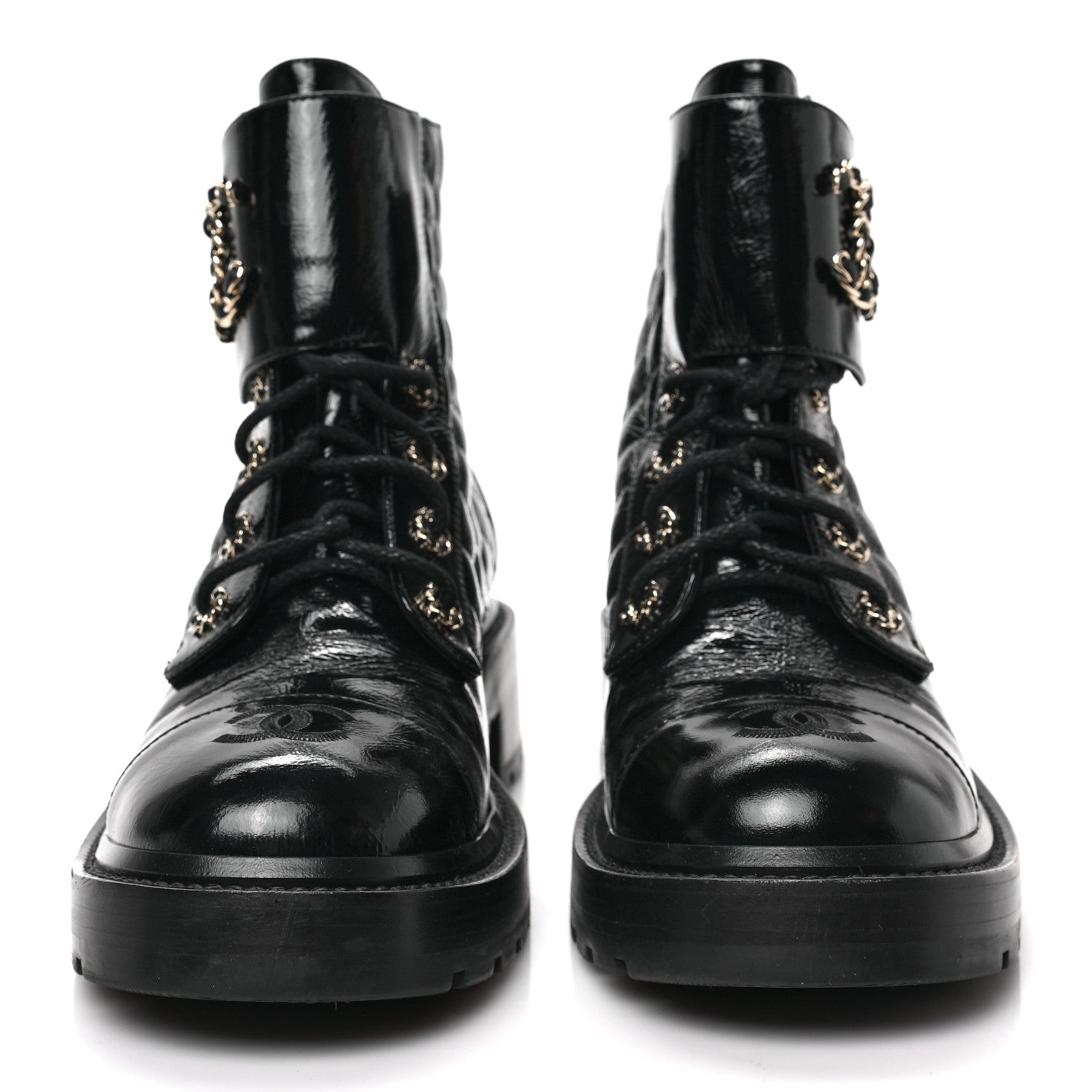 Chanel Shiny Calfskin Quilted Lace Up Combat Boots 40.5 Black 2 of 7