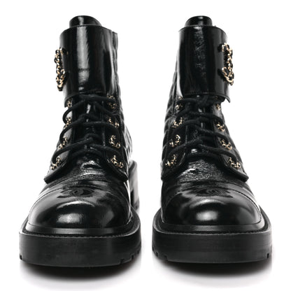 Chanel Shiny Calfskin Quilted Lace Up Combat Boots 40.5 Black 2 of 7