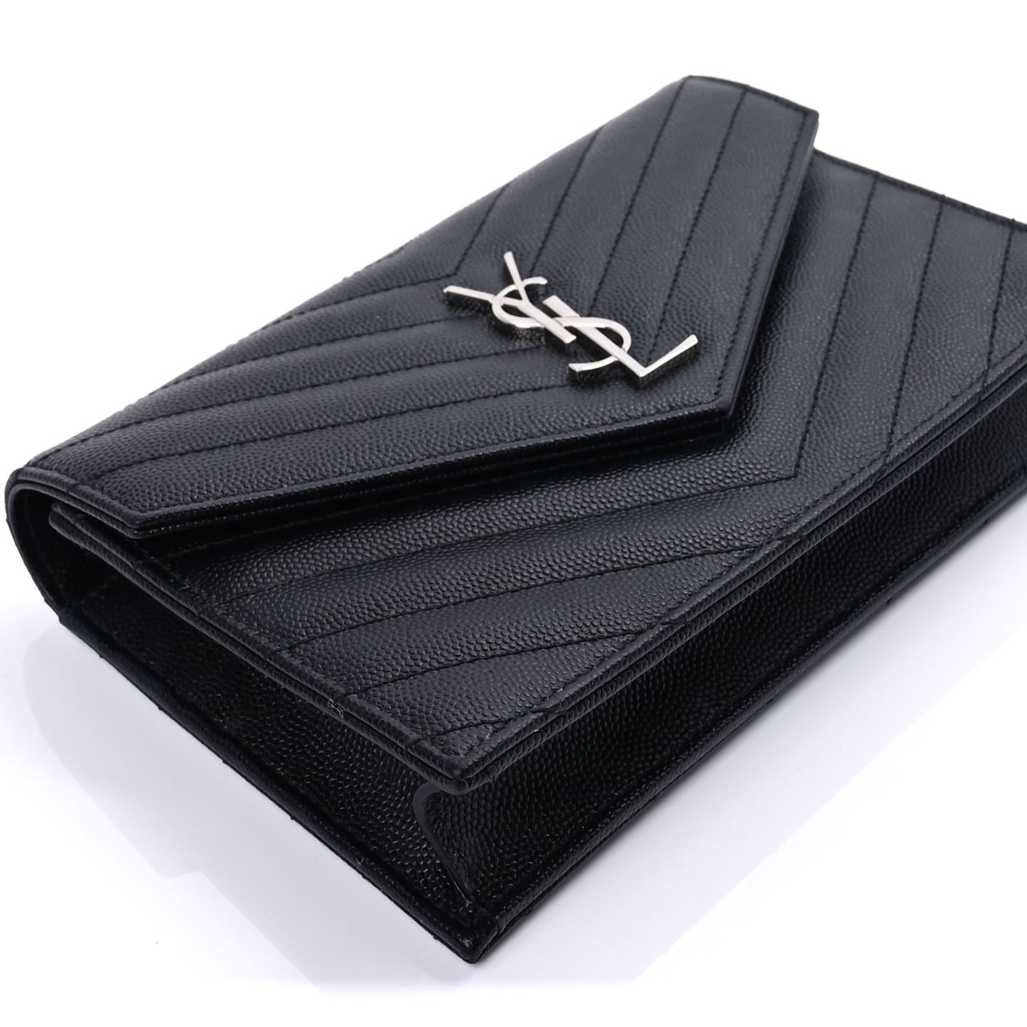 Grain De Poudre Matelasse Chevron Monogram Envelope Chain Wallet Black