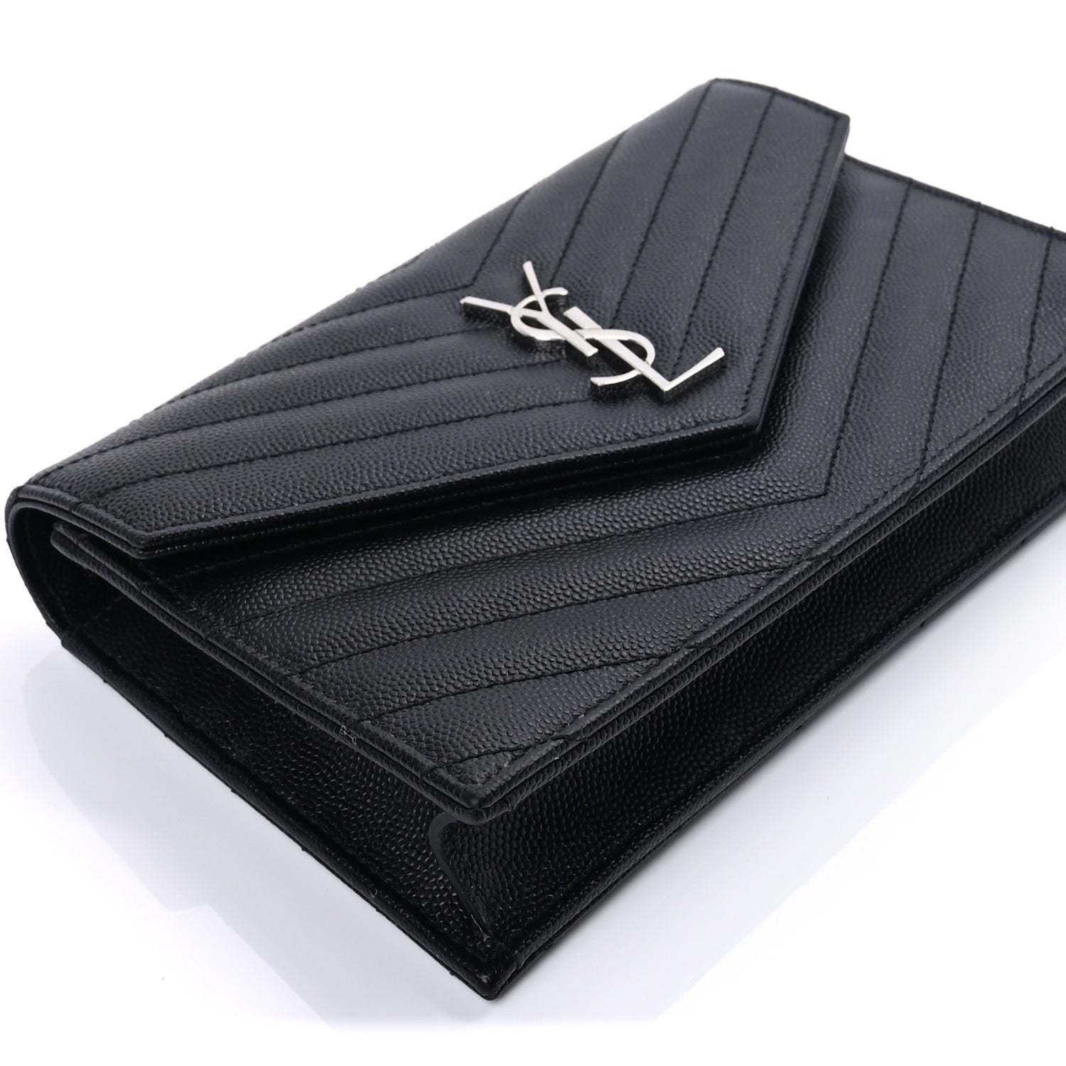 Saint Laurent Grain De Poudre Matelasse Chevron Monogram Envelope Chain Wallet Black 8 of 8