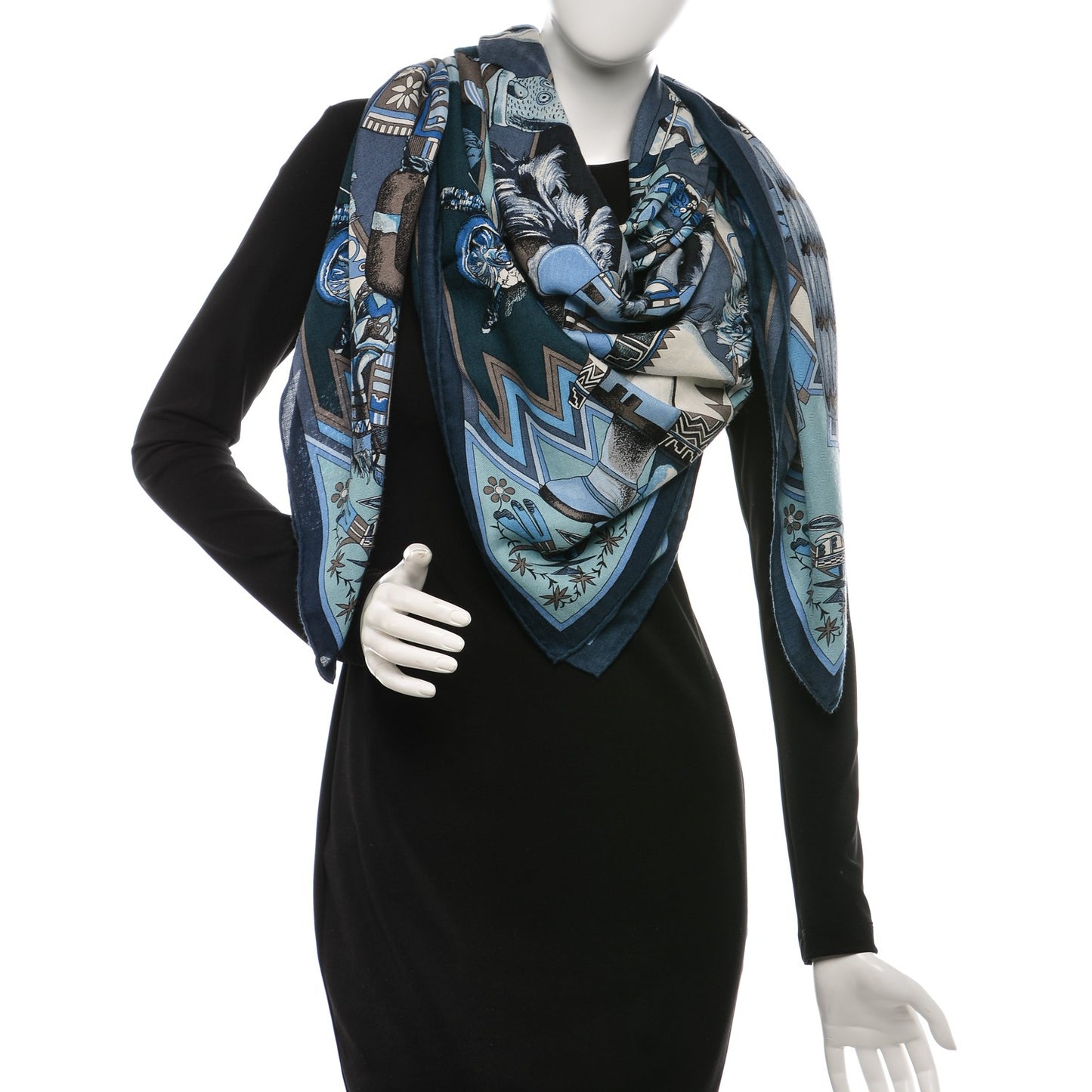 Cashmere Silk Kachinas Shawl 140 Marine Ciel Gris Bleuete