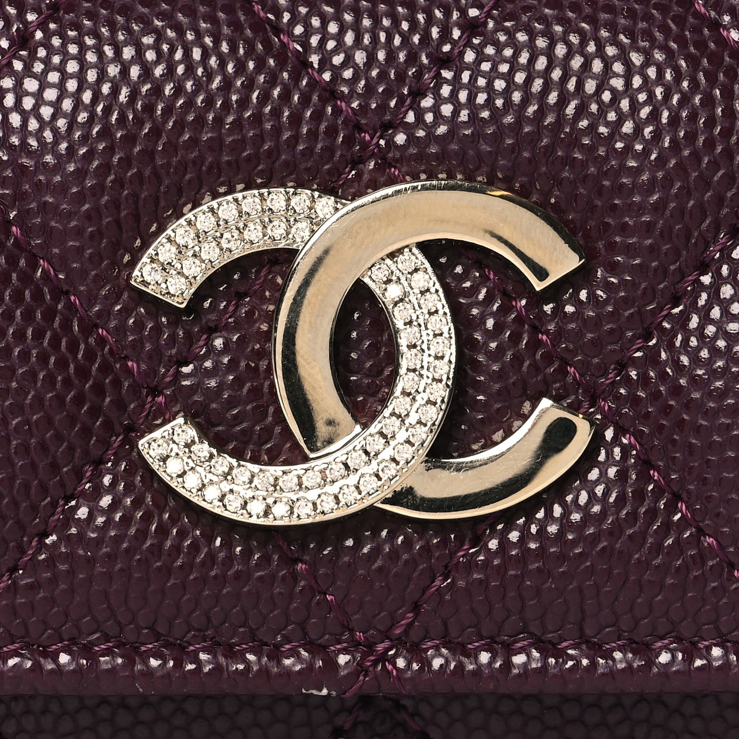 Caviar Quilted Crystal CC Flap Card Holder Burgundy