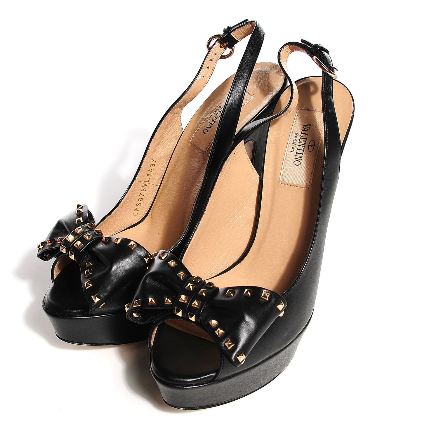 Calfskin Rockstud Bow Slingback Platform Pumps 37 Black