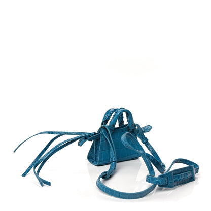 Balenciaga Extra Supple Calfskin Crocodile Embossed Neo Classic Silver Hardware Super Nano City Crossbody  Cyan 2 of 8