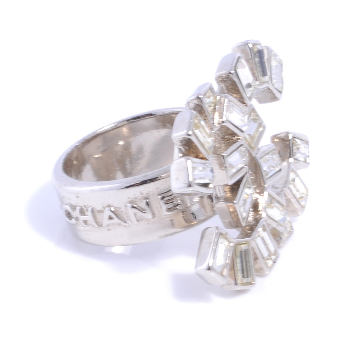 Crystal Baguette CC Logo Ring 6.5 Silver