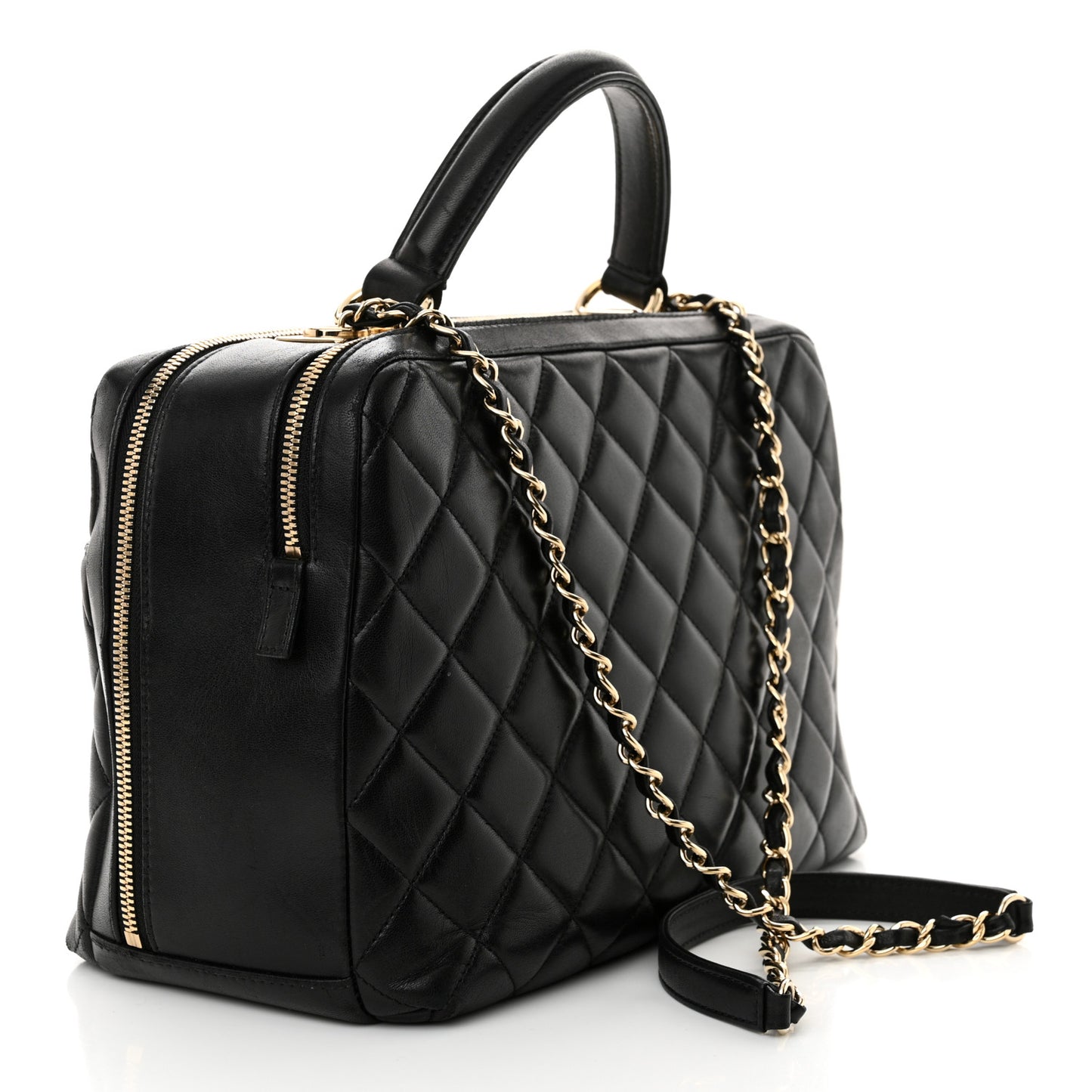 Lambskin Quilted Large Trendy CC Bowling Bag Black