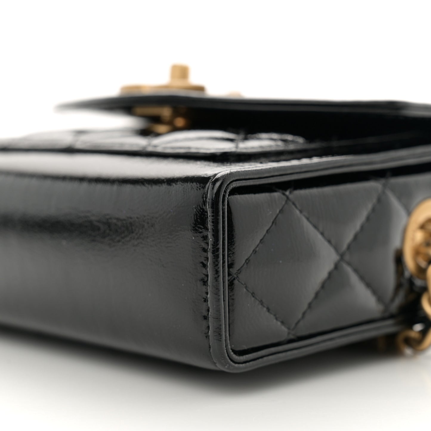 Shiny Lambskin Quilted Top Handle Card Holder On Chain Black