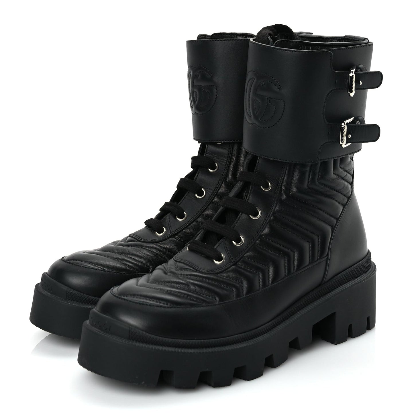 Nappa Frances GG Matelasse Platform Combat Boots 37 Black