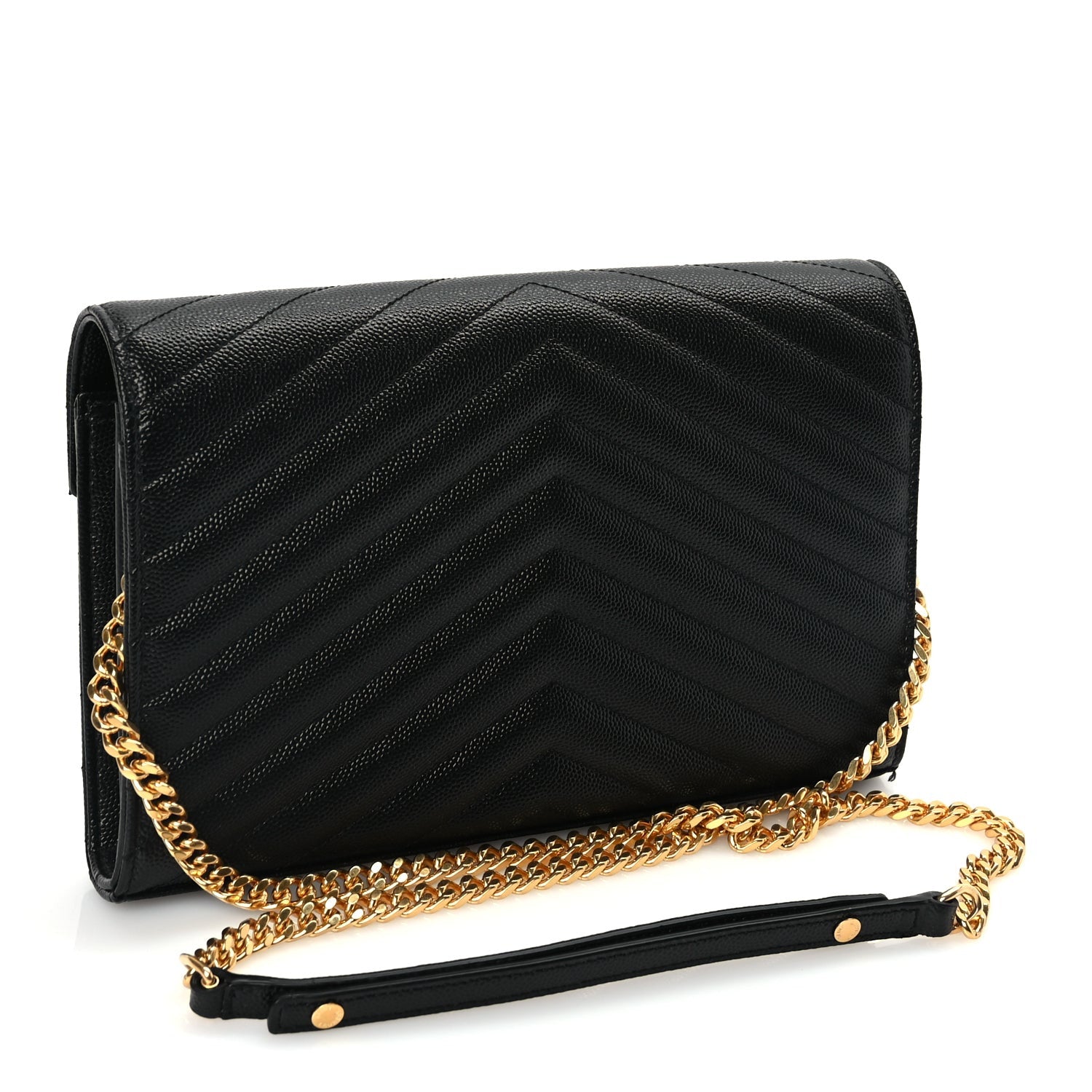 Saint Laurent Grain De Poudre Matelasse Chevron Monogram Chain Wallet Black 2 of 8