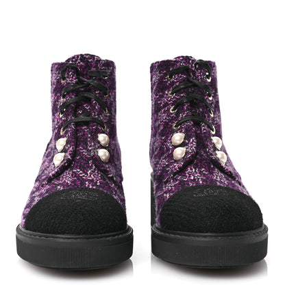 Chanel Tweed Pearl Combat Short Boots 38 Purple Black 2 of 7