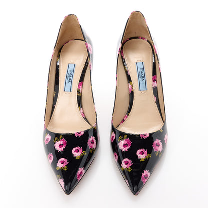 Prada Vernice Rose Print 85mm Pumps 36.5 Black 2 of 8