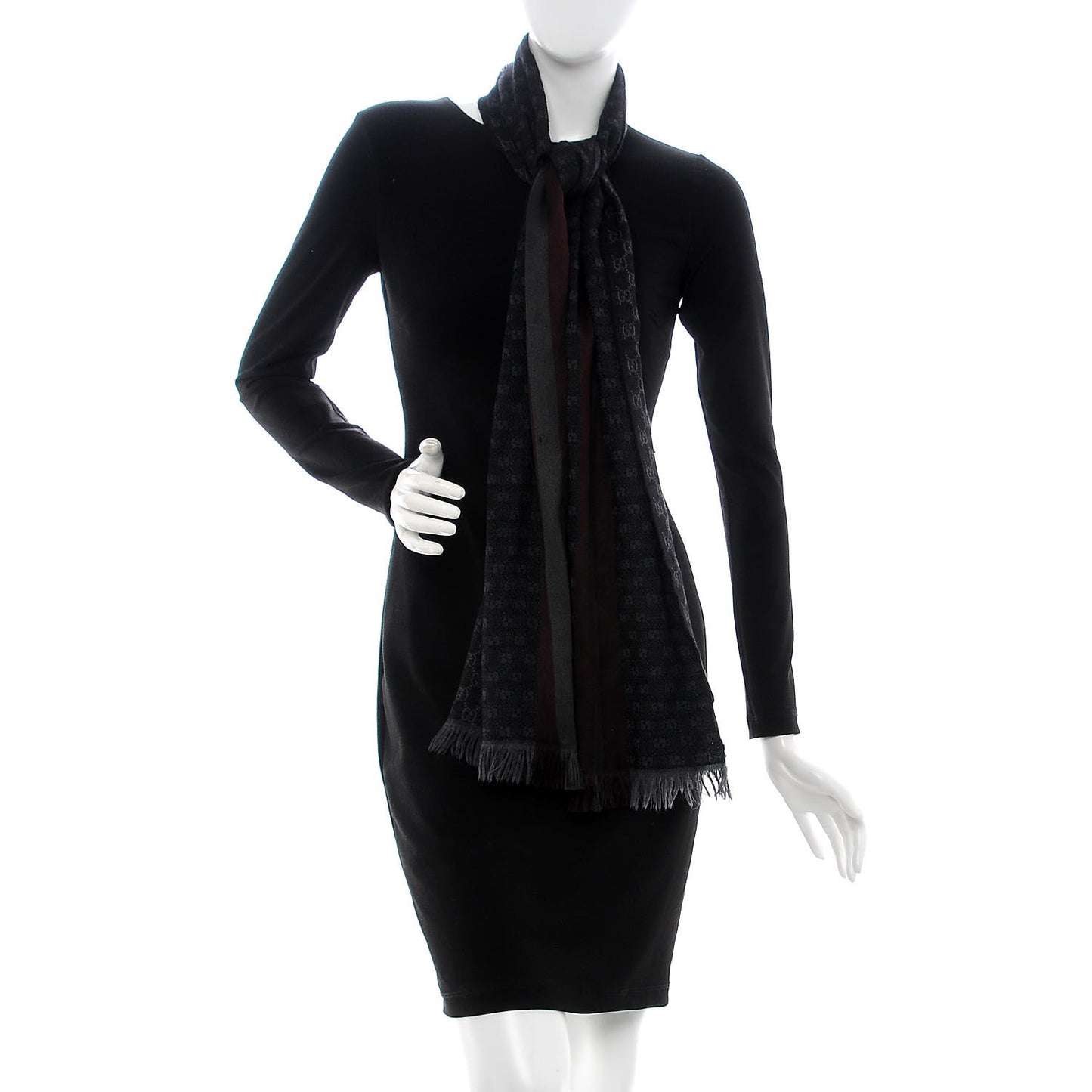 Wool Silk GG Monogram Web Verbier Fringe Scarf Charcoal