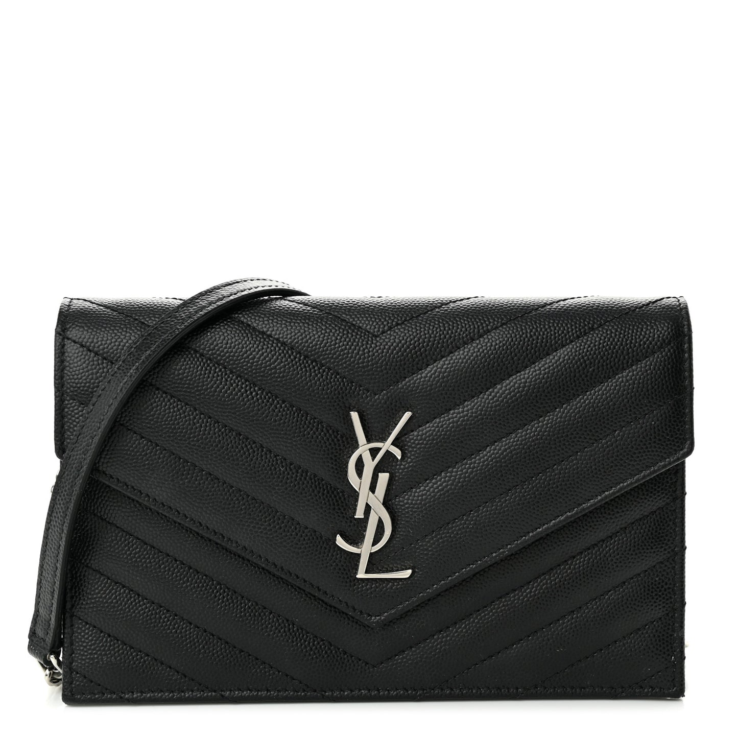Grain De Poudre Matelasse Chevron Monogram Envelope Chain Wallet Black