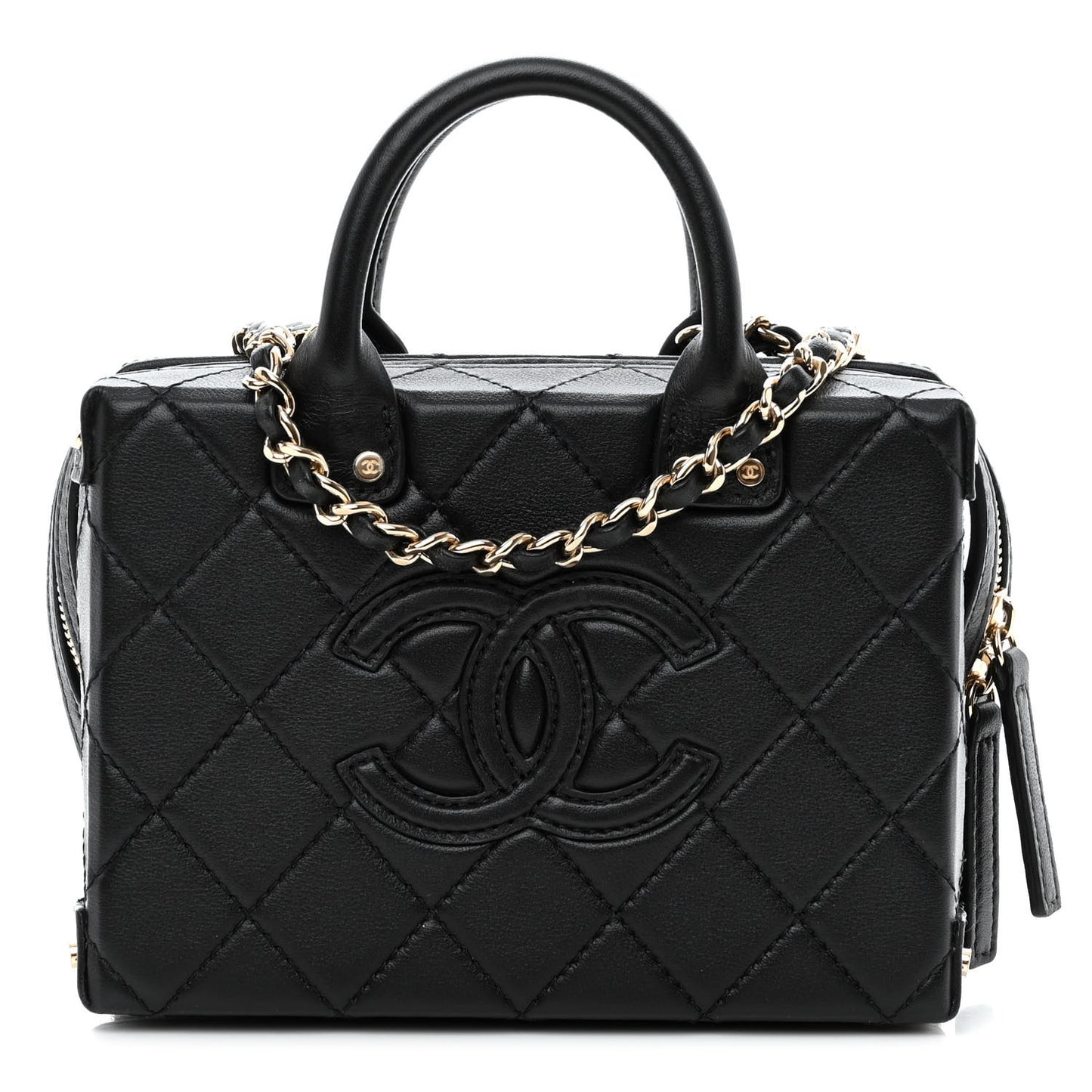 Calfskin Quilted Small Studded Square Vanity Case Black