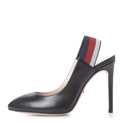 Gucci Malaga Kid Web Sylvie High Heel Slingback Pumps 35.5 Black 1 of 11