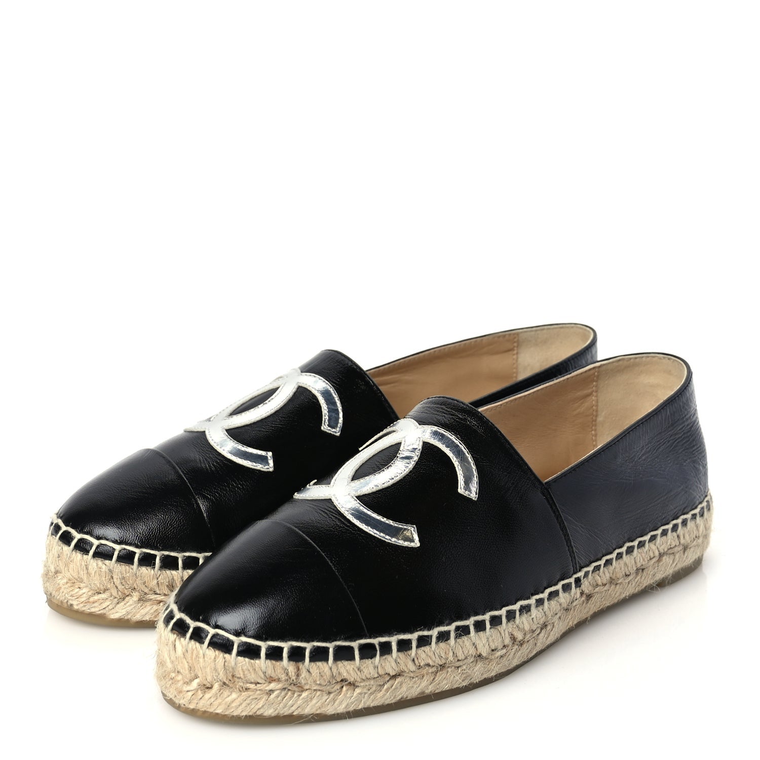 Chanel Patent Calfskin Metallic Goatskin CC Espadrilles 37 Black Silver 4 of 9
