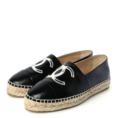 Chanel Patent Calfskin Metallic Goatskin CC Espadrilles 37 Black Silver 4 of 9