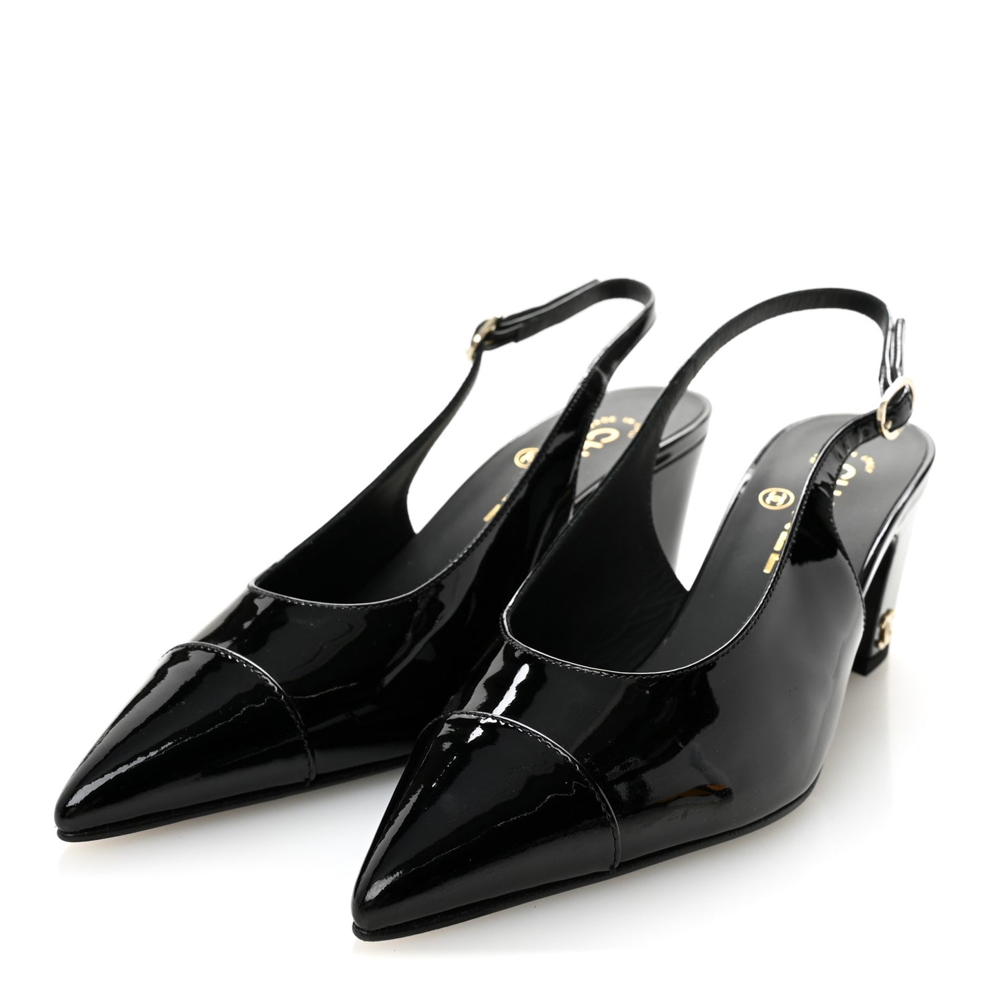 Patent Calfskin Cap Toe CC Slingback Pumps 36.5 Black