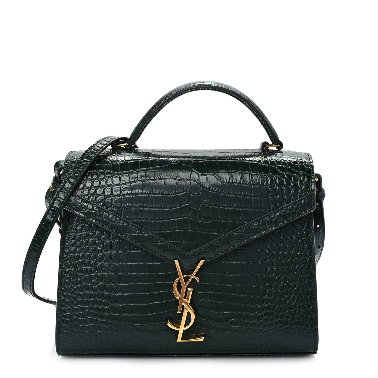 Calfskin Crocodile Embossed Medium Classic Monogram Cassandra Top Handle Dark Mint