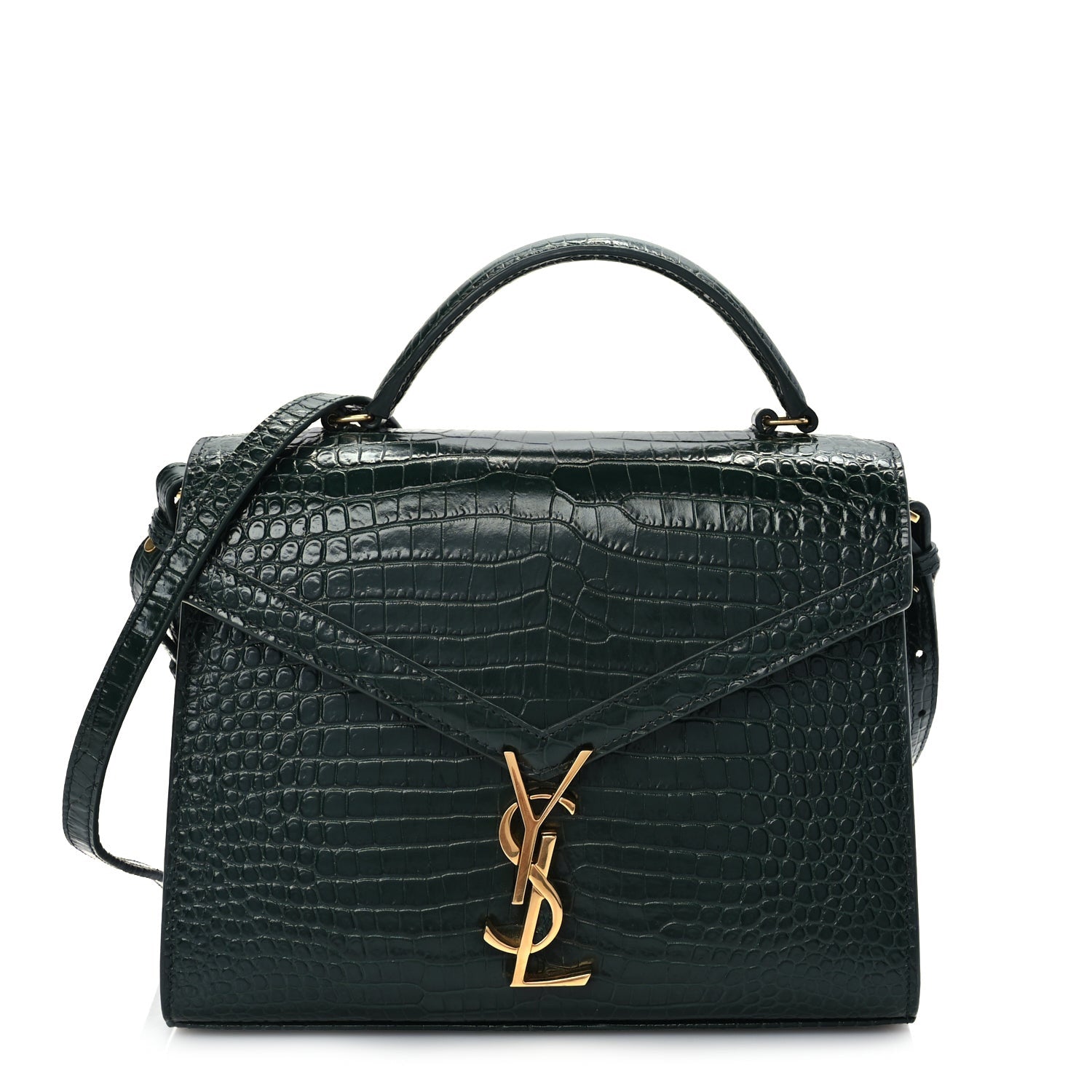 Saint Laurent Calfskin Crocodile Embossed Medium Classic Monogram Cassandra Top Handle Dark Mint 1 of 8