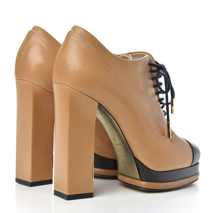 Chanel Lambskin Cap Toe Lace Up Booties 37 Beige Black 4 of 11
