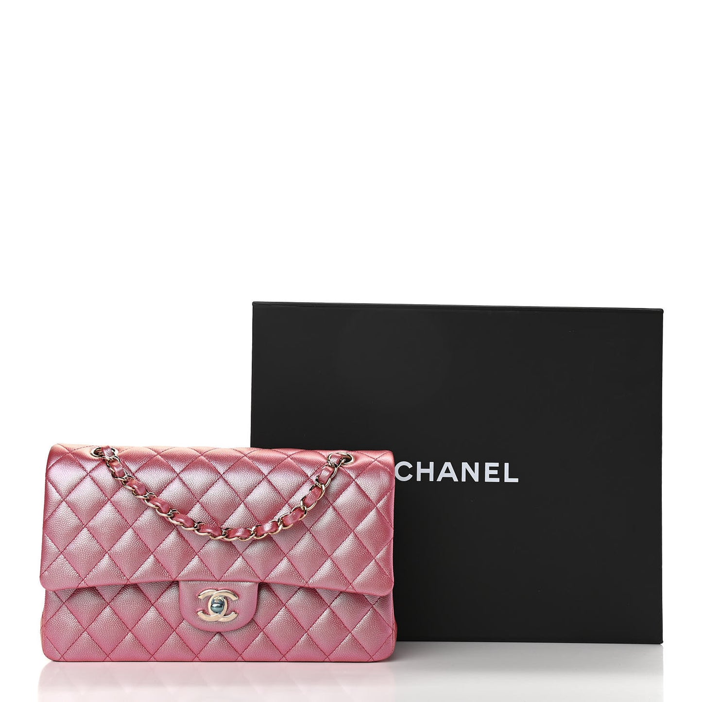 Iridescent Caviar Quilted Medium Double Flap Pink