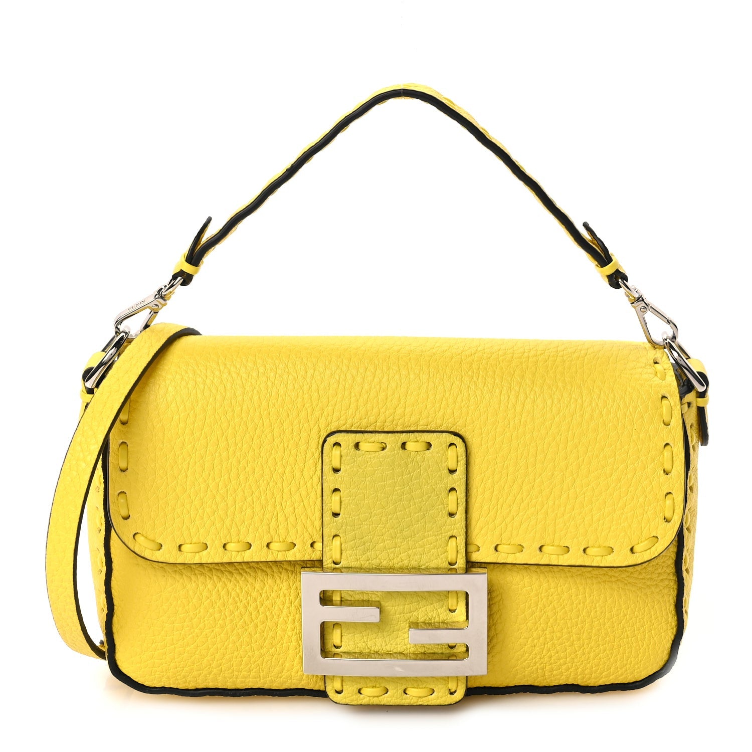 Fendi Cuoio Roma Sellerissima Nappa Sintetica Tape Stitch Mini Baguette Acid Yellow 1 of 8