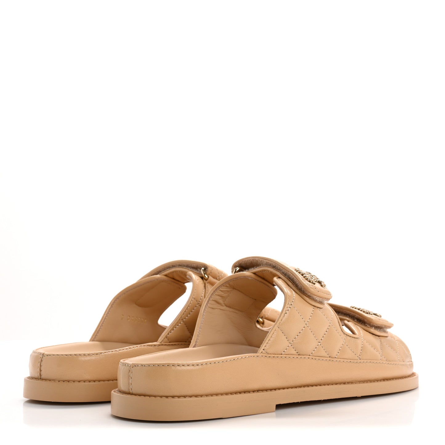 Lambskin Quilted Velcro Dad Chain CC Slide Sandals 39 Beige