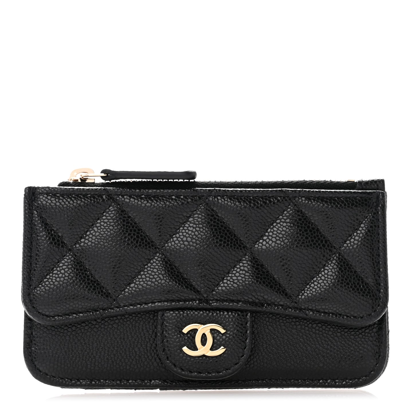 Caviar Quilted Flap Zip Card Holder Black