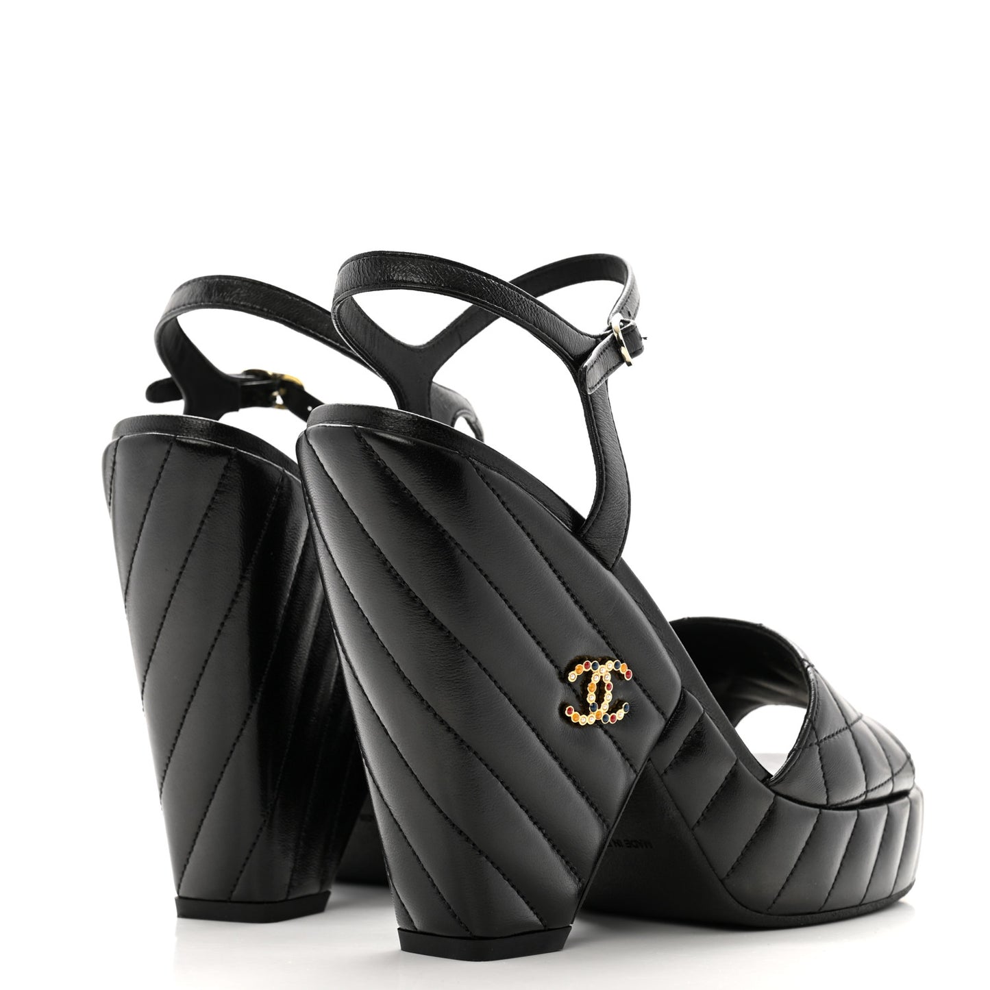 Shiny Lambskin Quilted Platform Sandals 39 Black