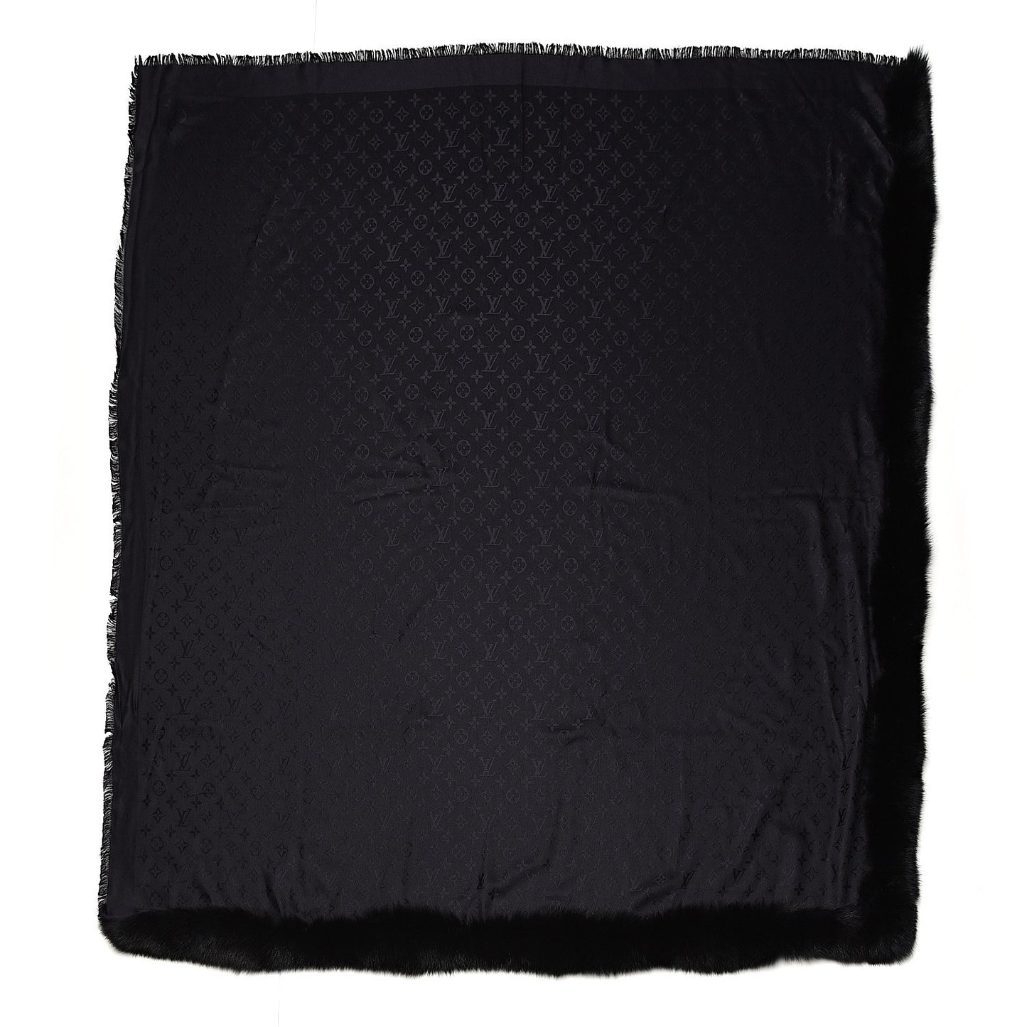Silk Wool Monogram Fox V Fur Shawl Black