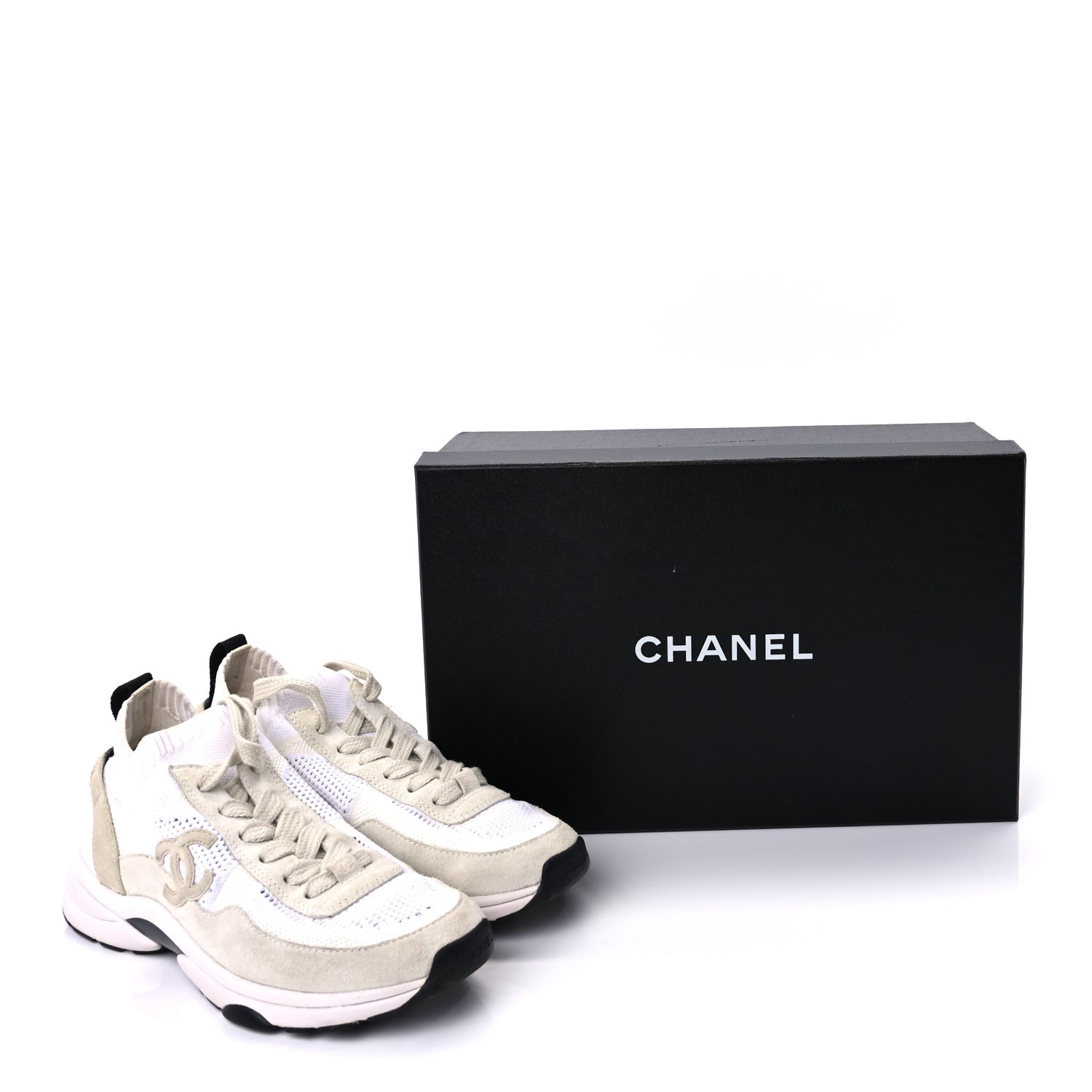 Chanel Knit Fabric Suede Calfskin Womens CC Sneakers 36.5 Ivory Light Beige 10 of 10