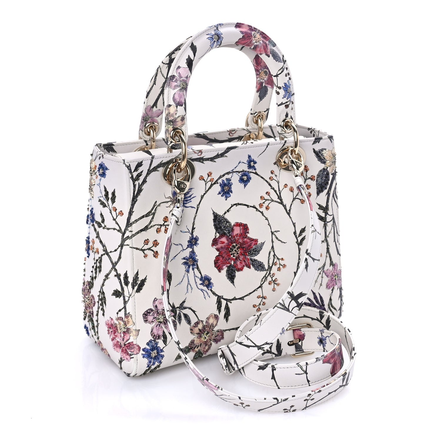 Christian Dior Calfskin Rosa Mutabilis Embroidered Medium Lady Dior  White Multicolor 2 of 7