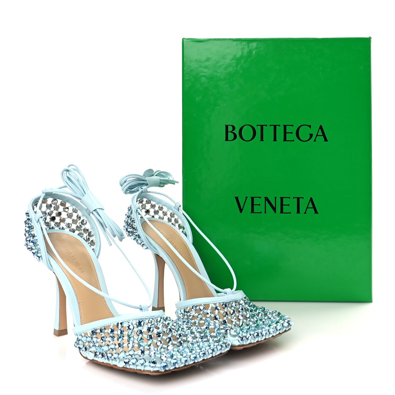 Bottega Veneta Mesh Nappa Crystal Embellished Sparkle Stretch Ankle Tie Sandals Pale Blue 8 of 8