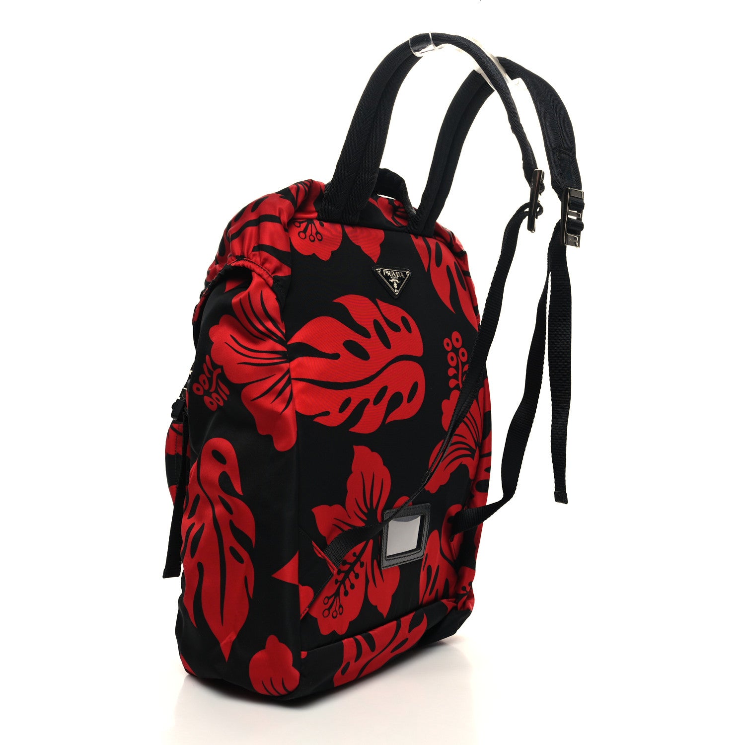 Prada Tessuto Hibiscus Print Double Buckle Backpack Black Rosso 3 of 9