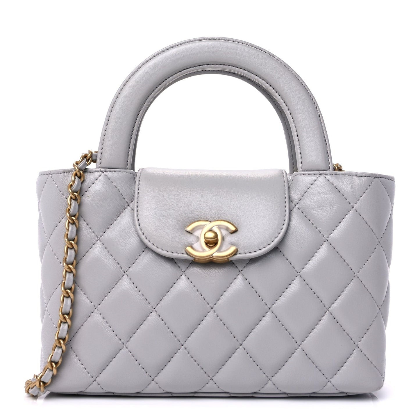 Shiny Aged Calfskin Quilted Nano Kelly Shopper  Light Grey