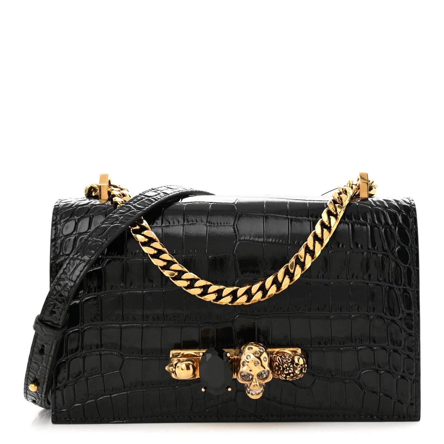 Calfskin Crocodile Embossed Mini Jeweled Satchel Black