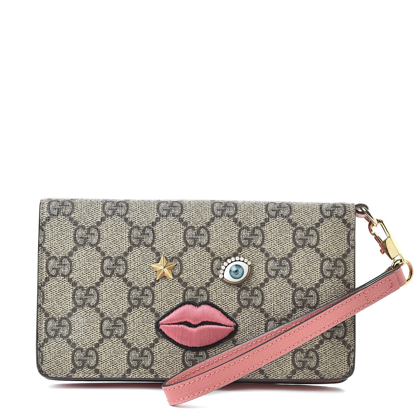 GG Supreme Monogram Embroidered Face iPhone 6 Case Wristlet Pink