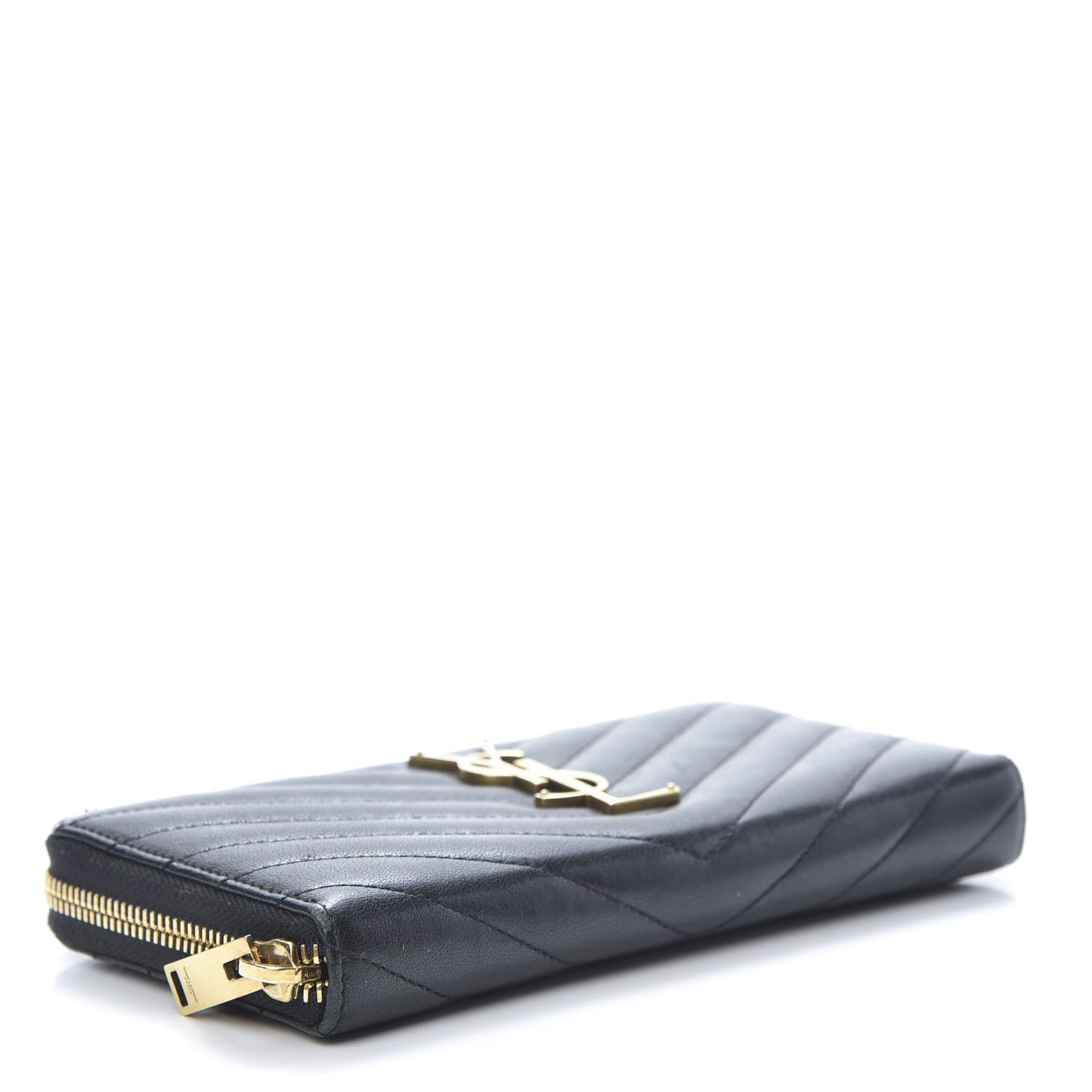 Saint Laurent Calfskin Matelasse Chevron Monogram Zip Around Wallet Black 4 of 10