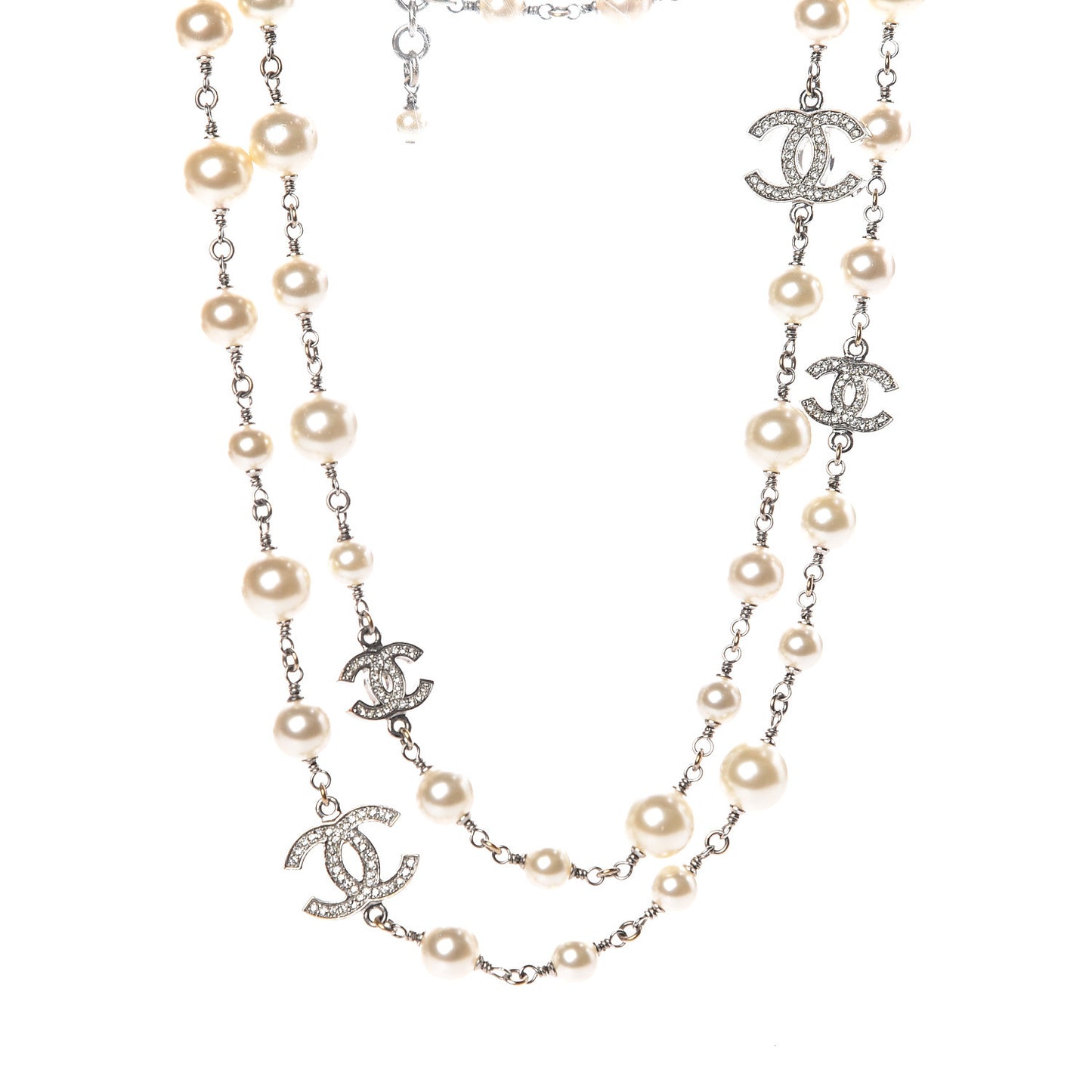 Crystal Pearl CC Long Necklace Silver