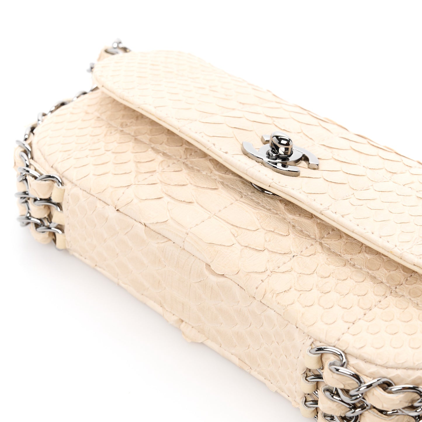 Snakeskin 3 Chain Flap Beige Clair