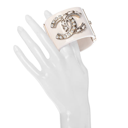 Chanel Resin Crystal Pearl Lambskin CC Cuff White 2 of 5