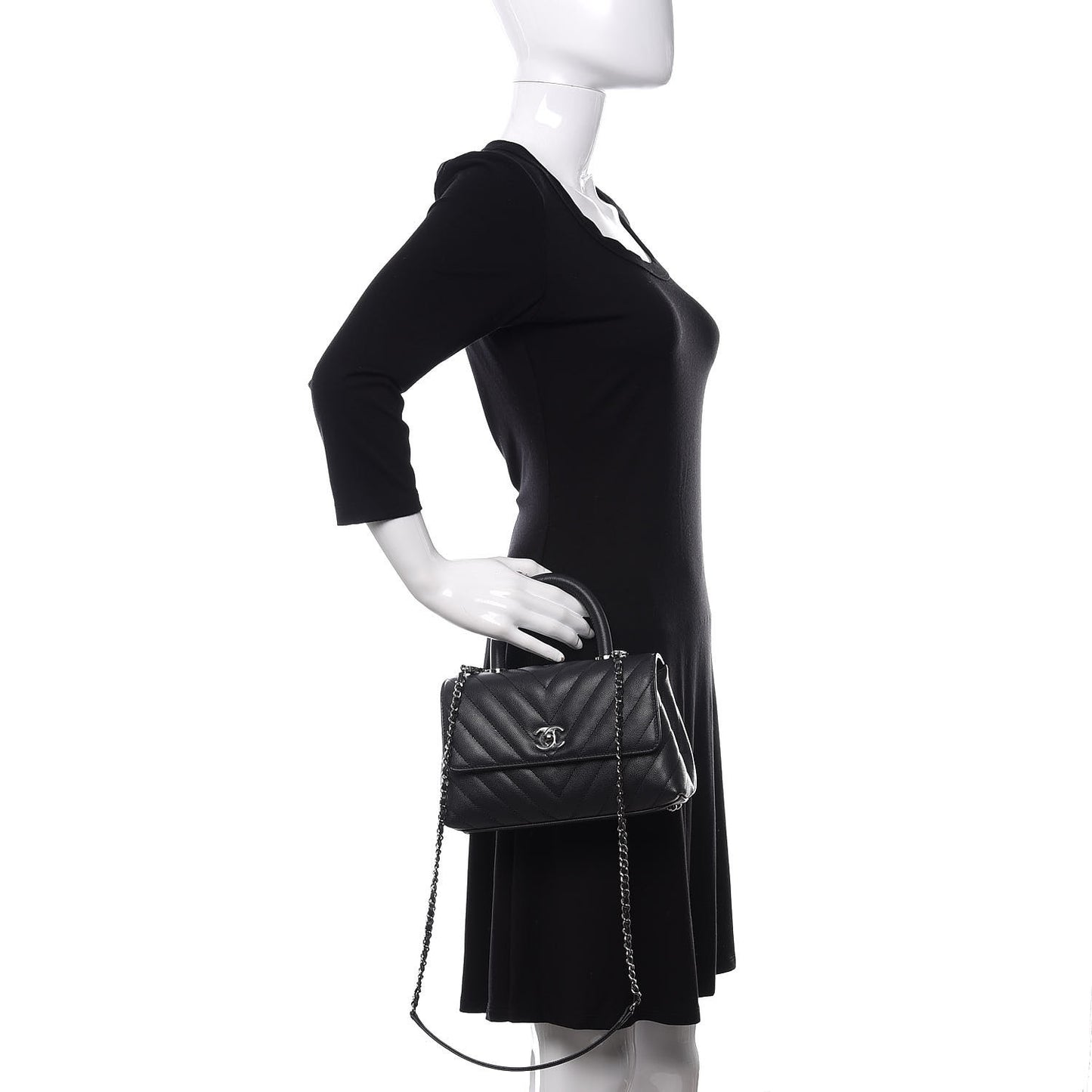 Caviar Chevron Quilted Mini Coco Handle Flap Dark Grey