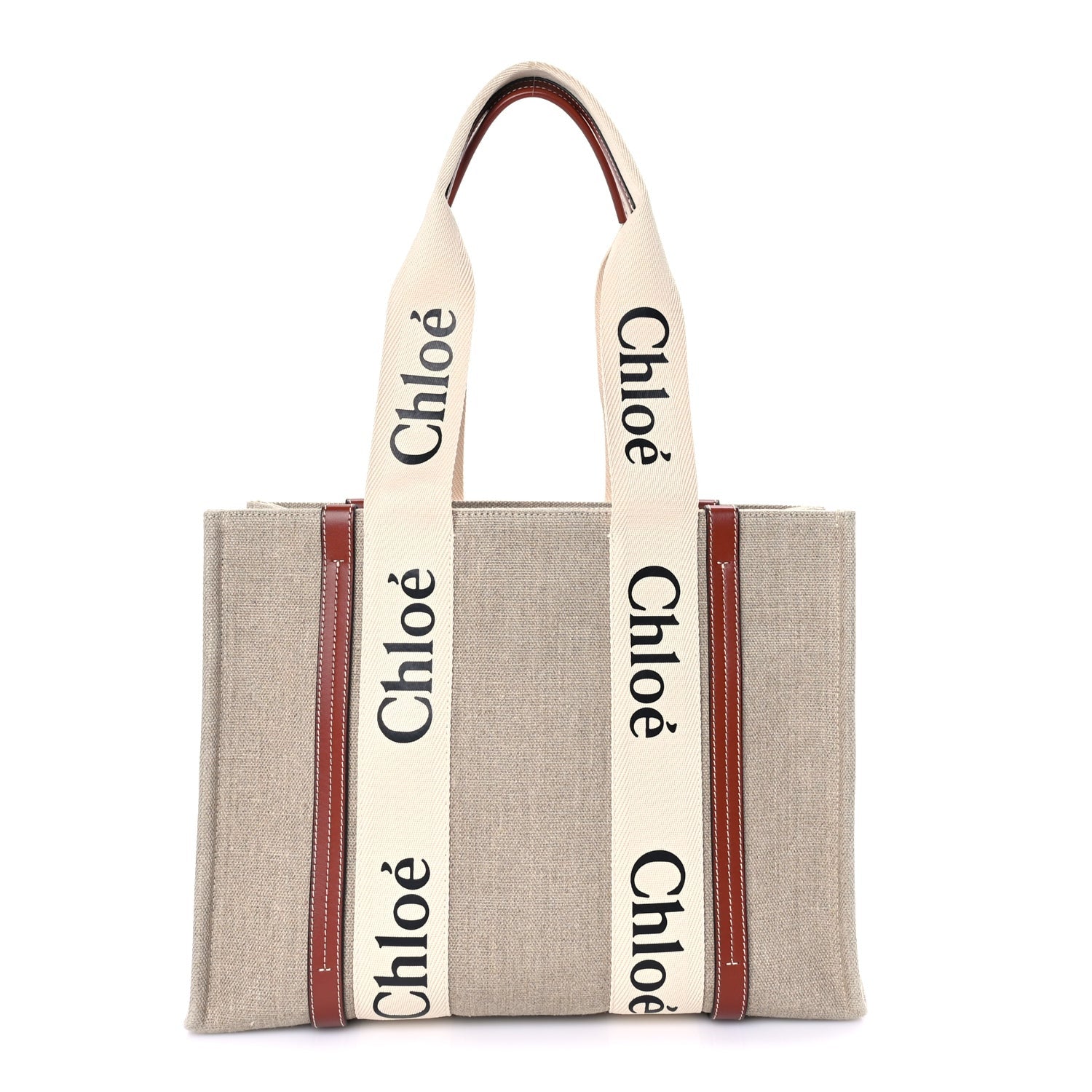 Chloe Linen Calfskin Medium Woody Ribbon Tote  White Brown 1 of 8