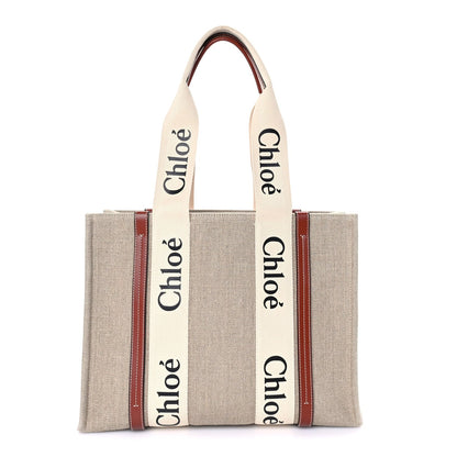 Chloe Linen Calfskin Medium Woody Ribbon Tote  White Brown 1 of 8